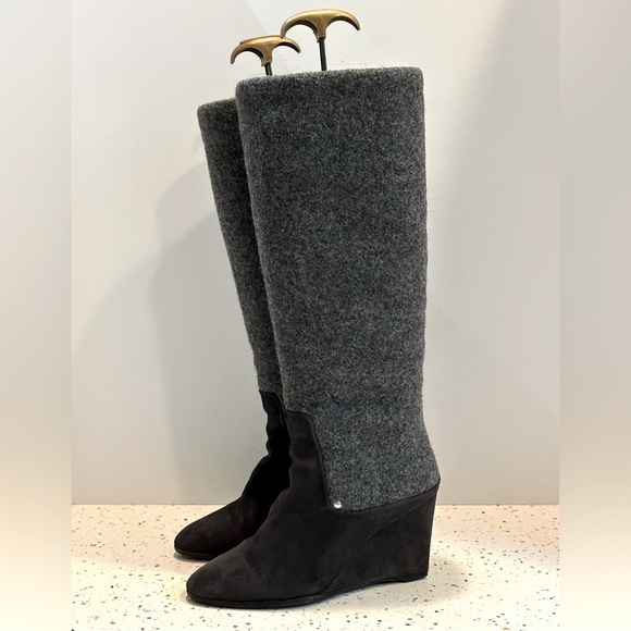 Designer Christian Dior CD Gray Suede &‎ Wool Tall Knee High Wedge Boots - Picture 4 of 16